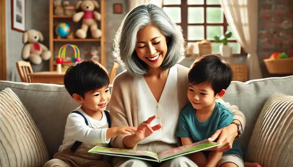 Asian nanny engaging with children in Los Angeles