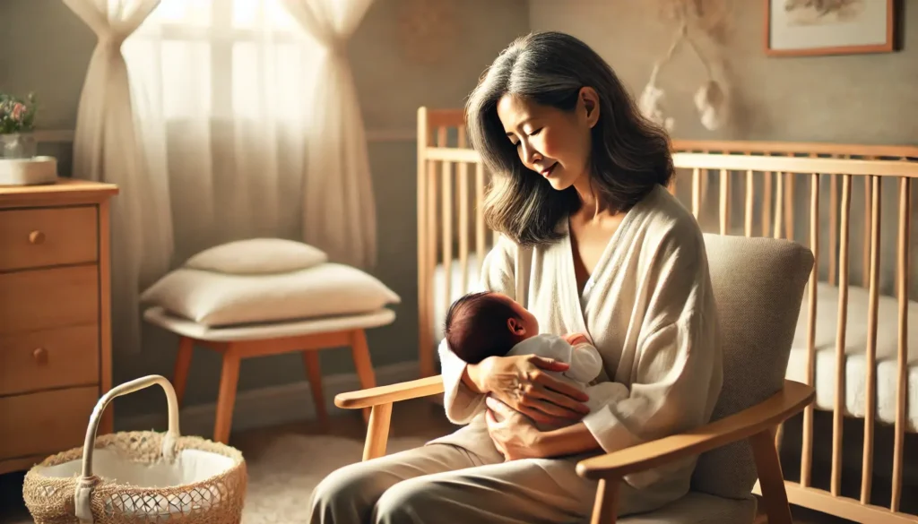 Asian postpartum nanny caring for a newborn in Los Angeles