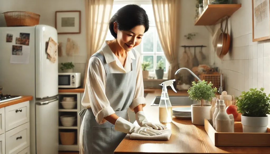 Asian housekeeper maintaining a tidy home in Los Angeles